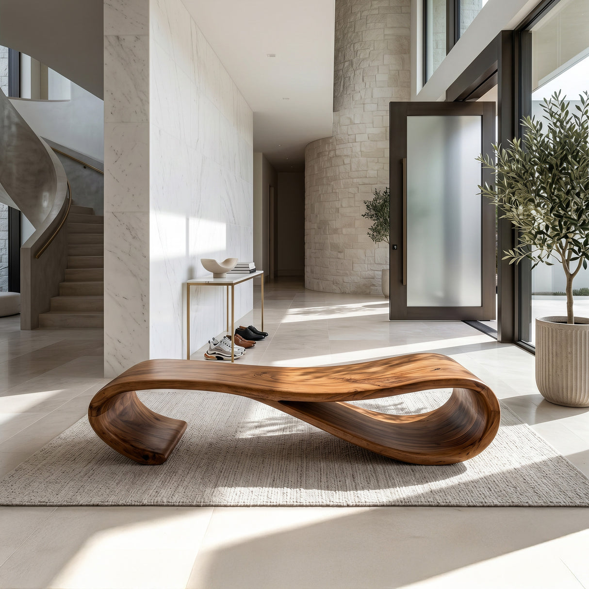 Modern Statement Bench With Soft Curved Lines For Entryway