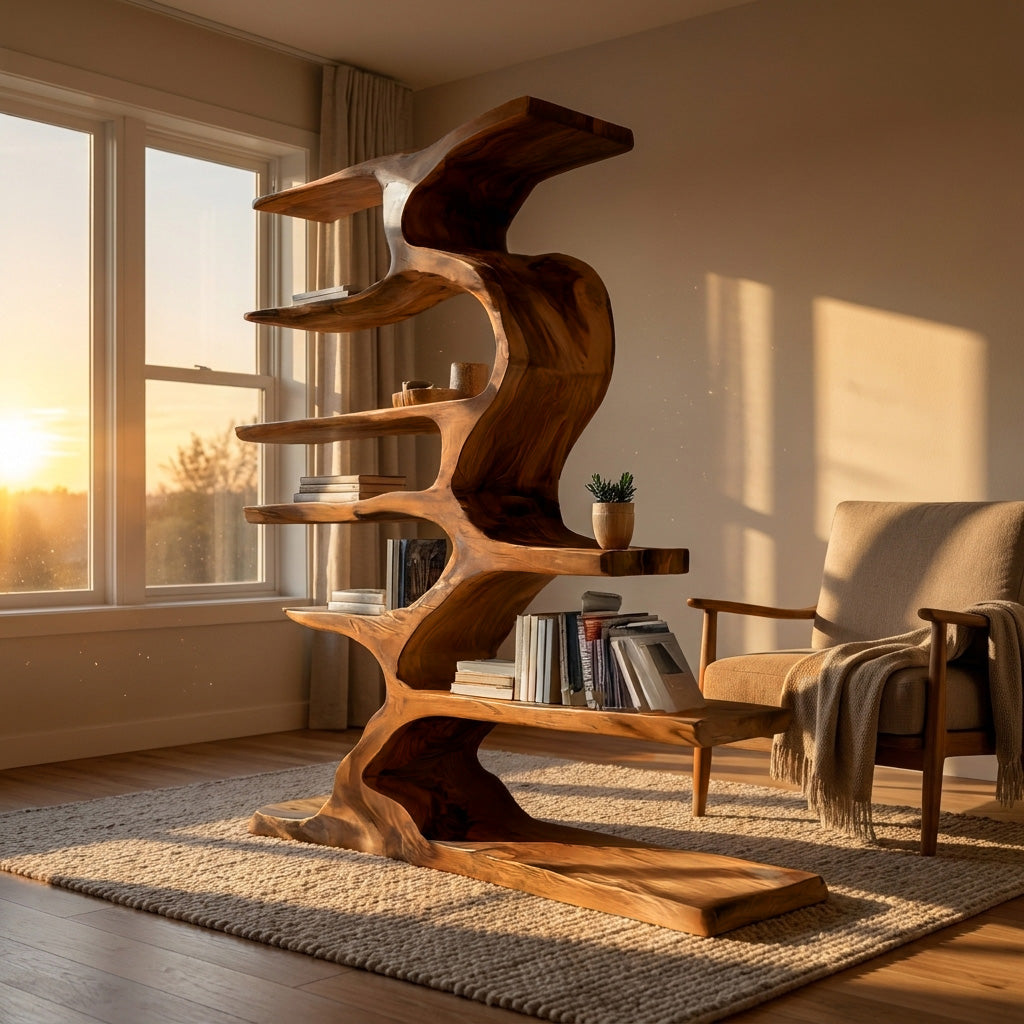 Organic Sculptural Wooden Bookshelf With Tiers For Living Room