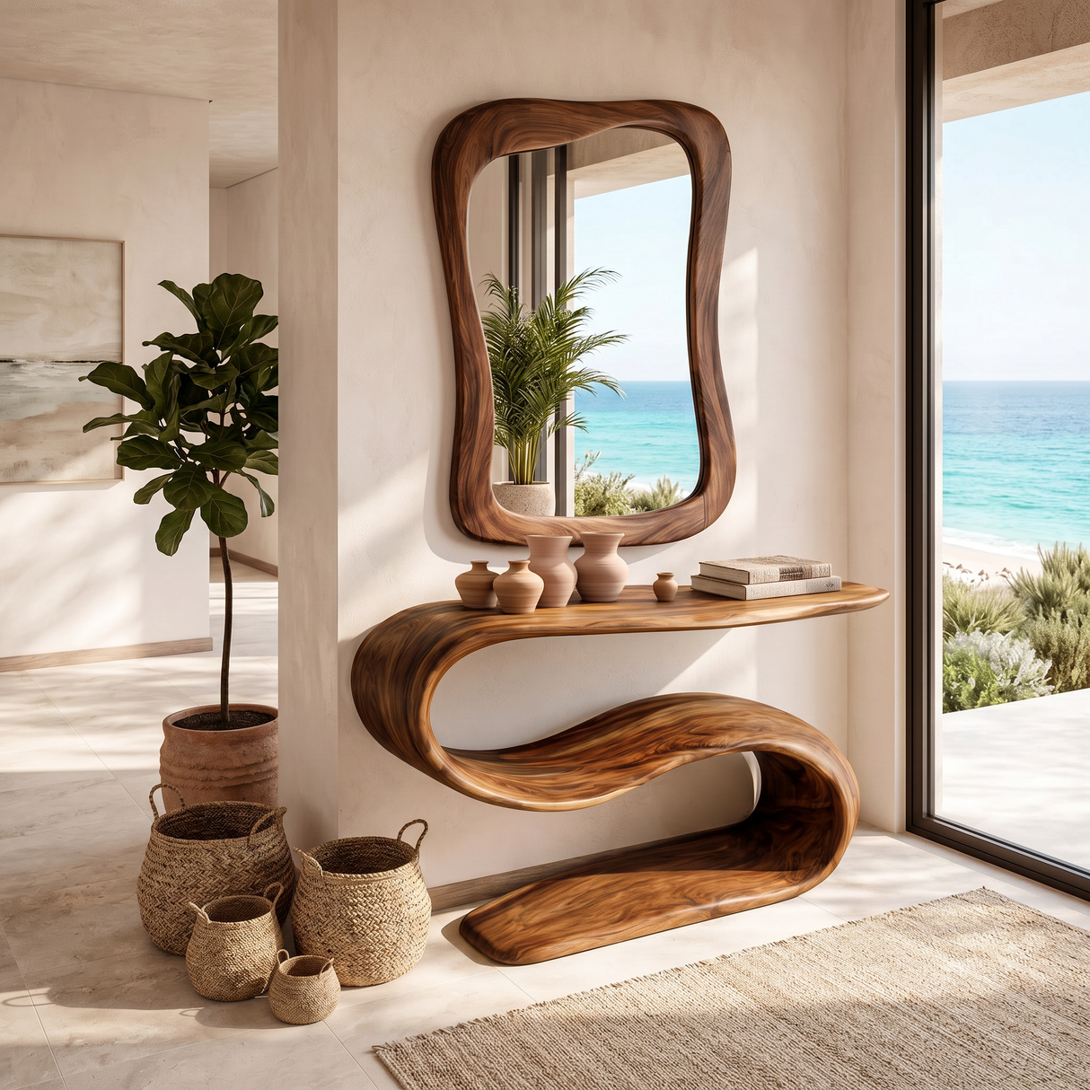 Organic Wooden Console Table With Sculptural Undulating Base For Living