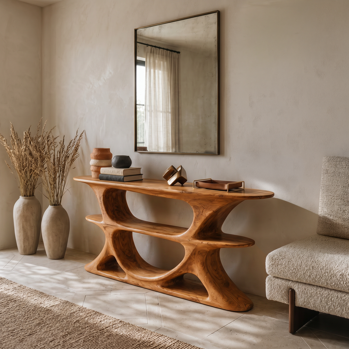 Organic Console Table With Multi Level Cutout Shelves For Living