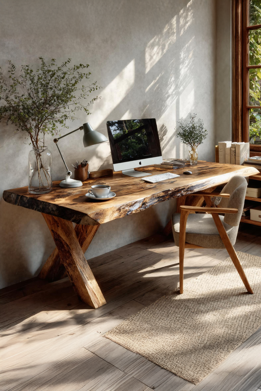 Rustic Live Edge Desk With X Legs For Home Office
