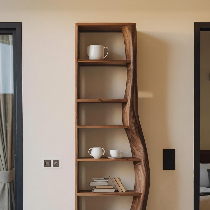 Organic Wooden Standing Shelf With Curved Side For Living Display