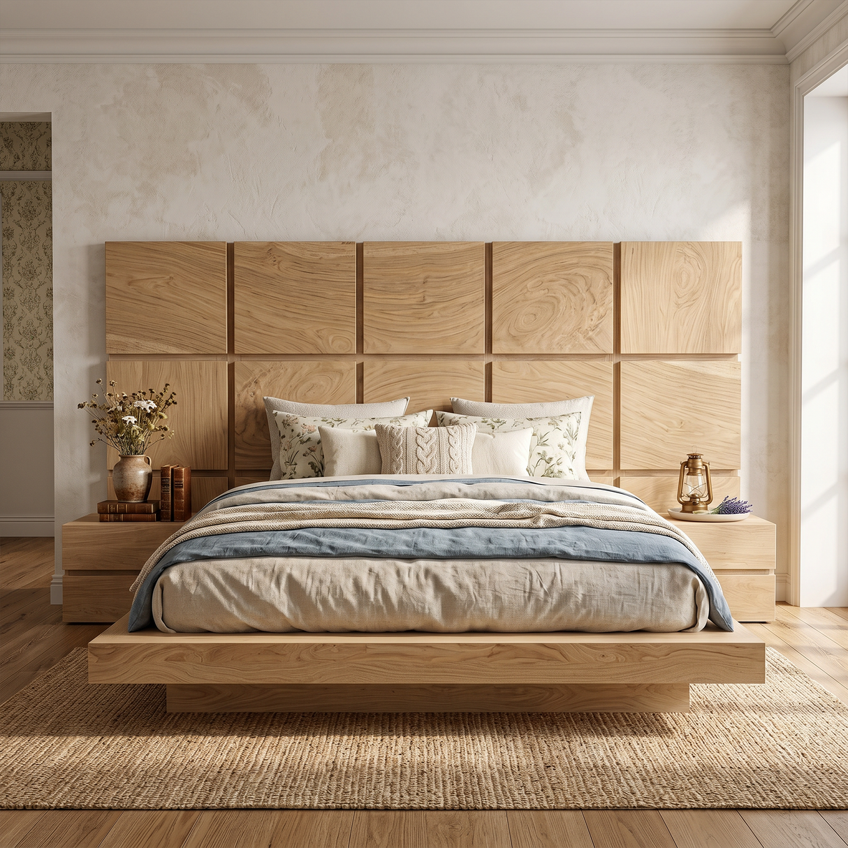 Minimal Grid Wood Headboard For Dark Contemporary Bedroom