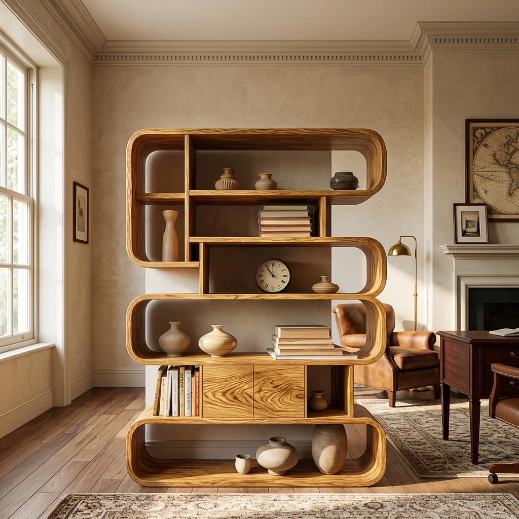 Contemporary Natural Wood Bookshelf With Rounded Form For Home