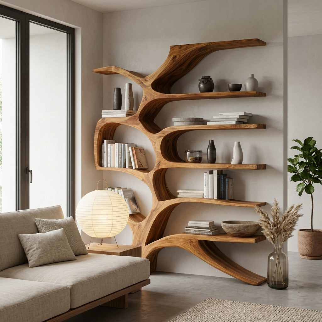Contemporary Sculpted Wooden Bookshelf For Living Room Decor