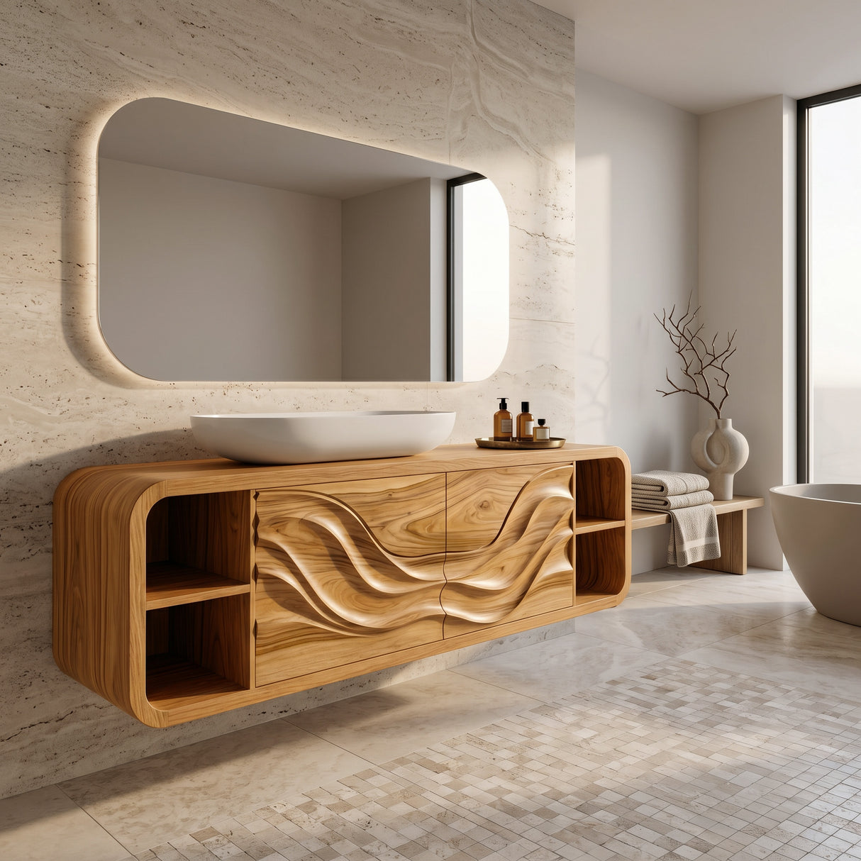 Organic Floating Bathroom Cabinet With Open Shelves For Spa Bathroom