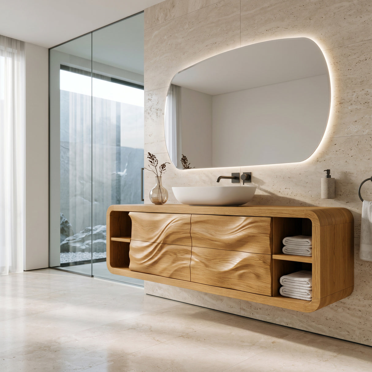 Handcrafted Floating Bathroom Cabinet With Open Shelf Sides For Bathroom