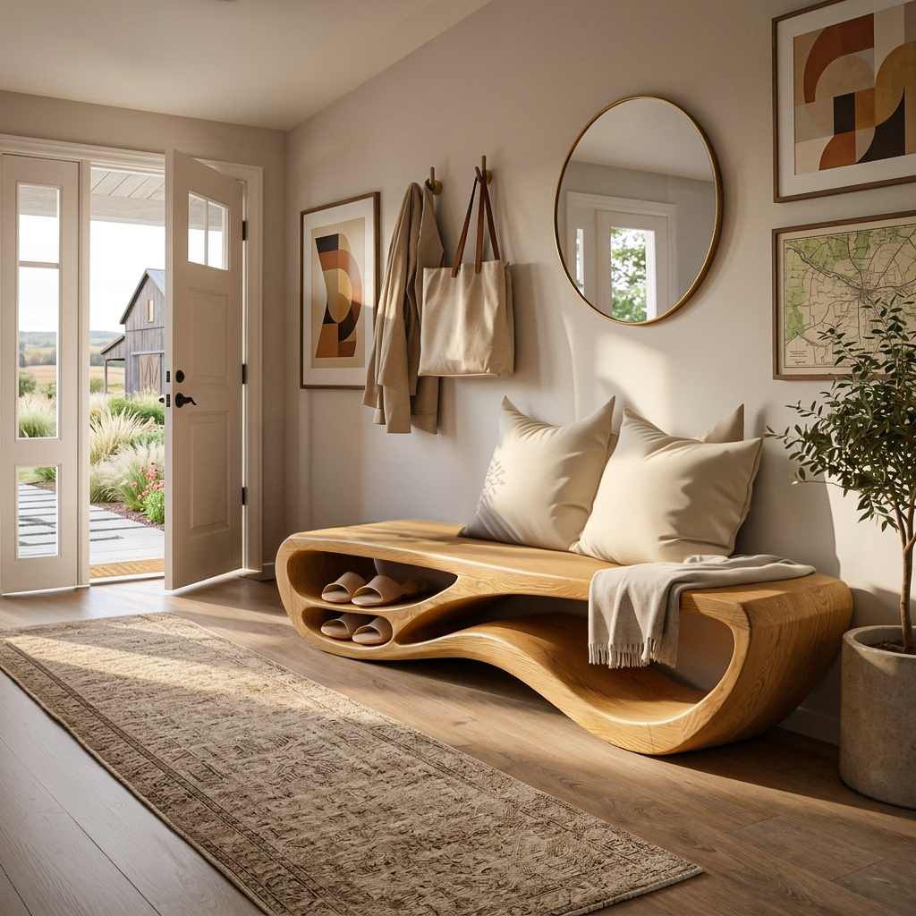 Sculptural Natural Wood Bench With Integrated Shelving For Hallway