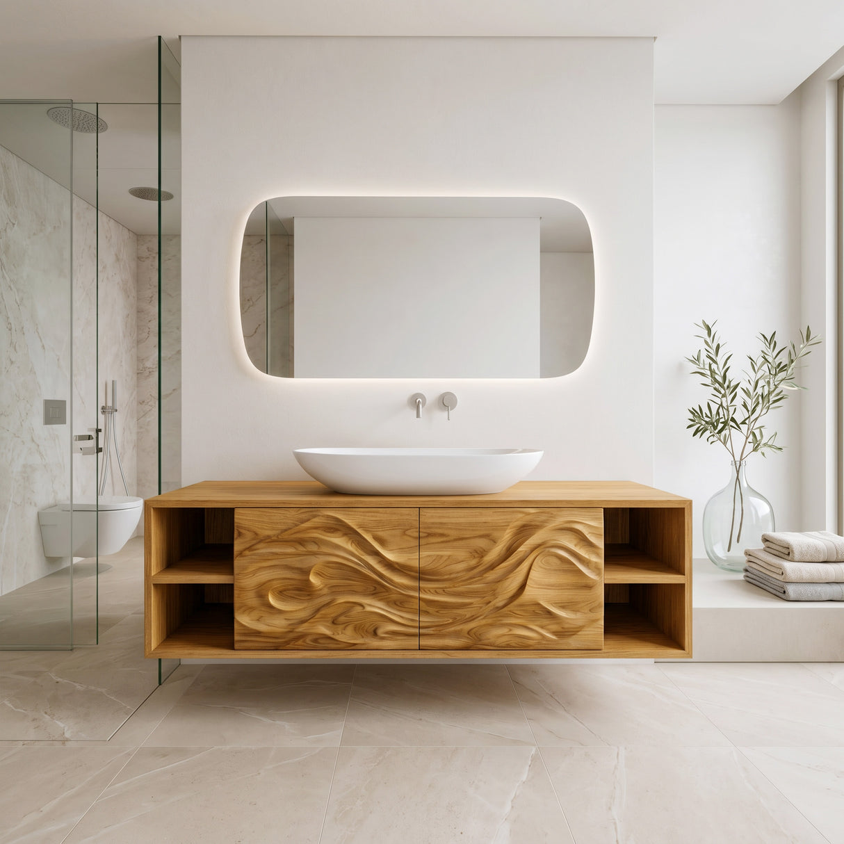 Modern Wave Carved Floating Bathroom Vanity For Designer Bathroom