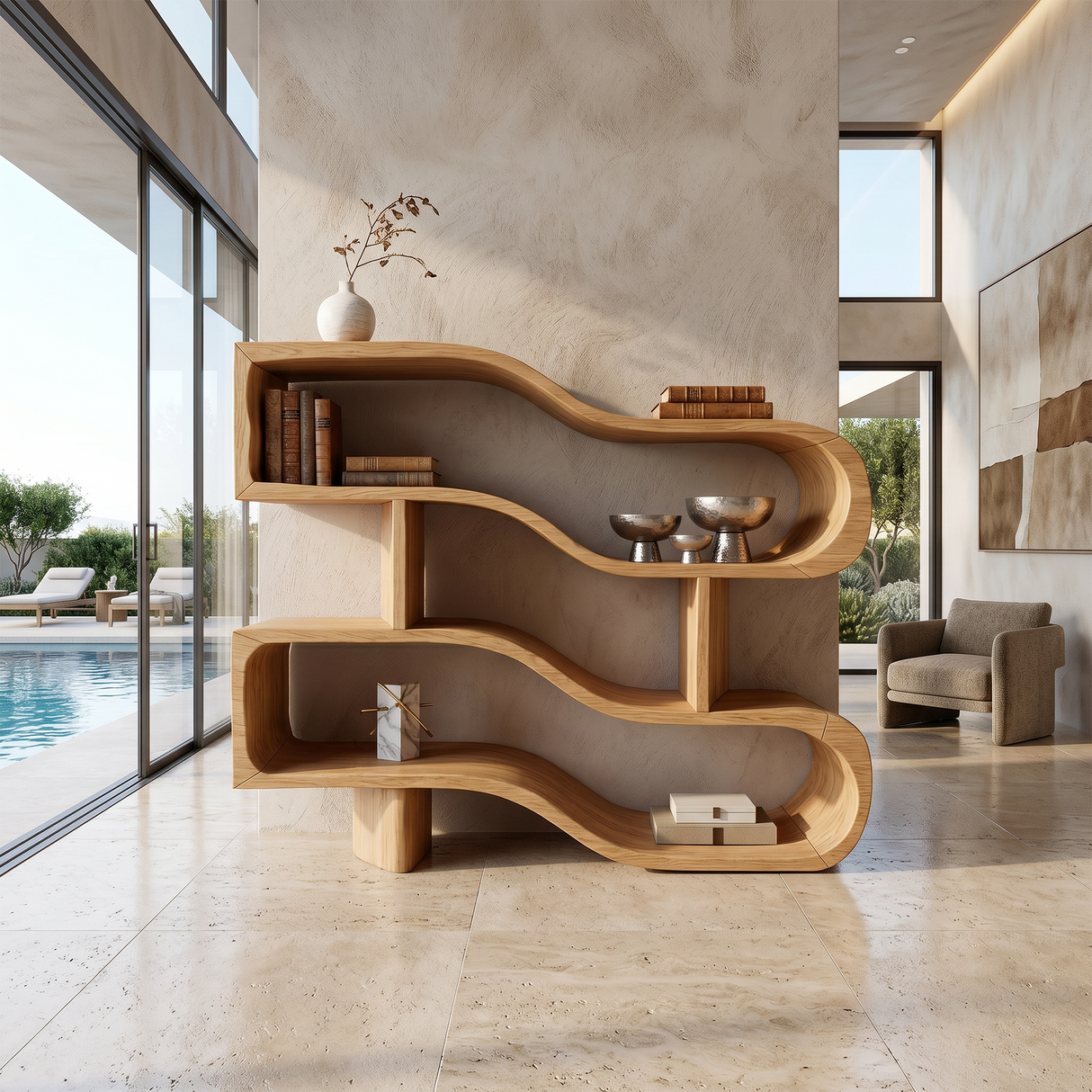 Modern Architectural Wooden Display Shelf With Floating Curves