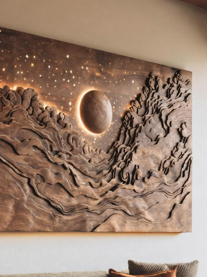 Hand Carved Wall Art With LED Eclipse Design For Living Room
