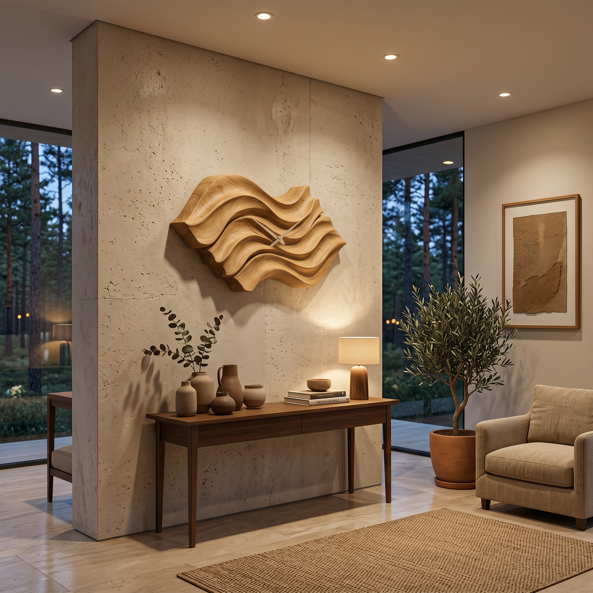 Modern Wooden Wall Clock With Organic Wavy Form For Bedroom