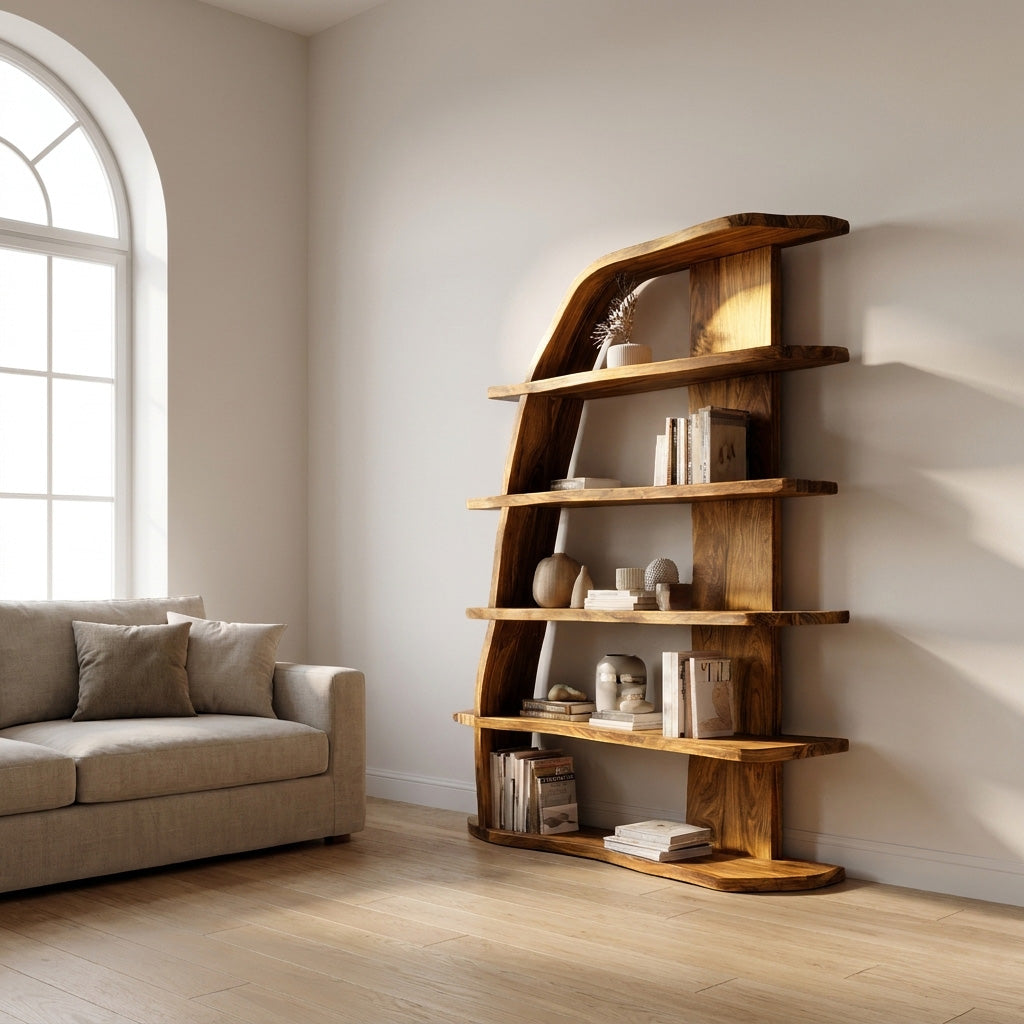 Mid Century Natural Wood Display Bookshelf For Living Room