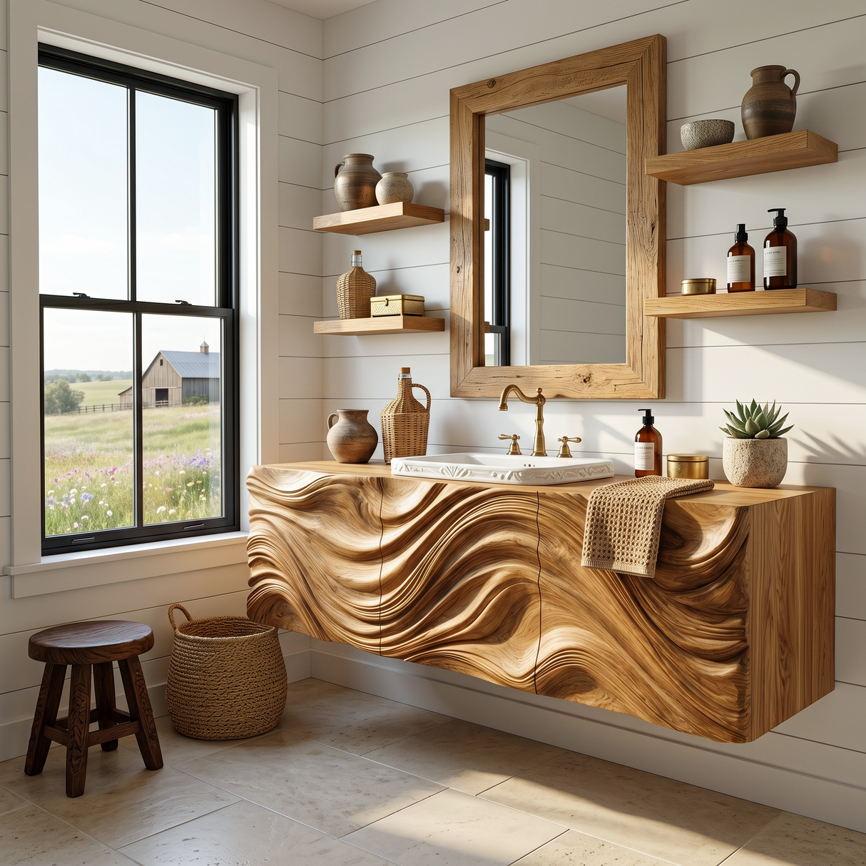 Modern Bathroom Vanity With Ocean Wave Carved Wood Cabinet For Home