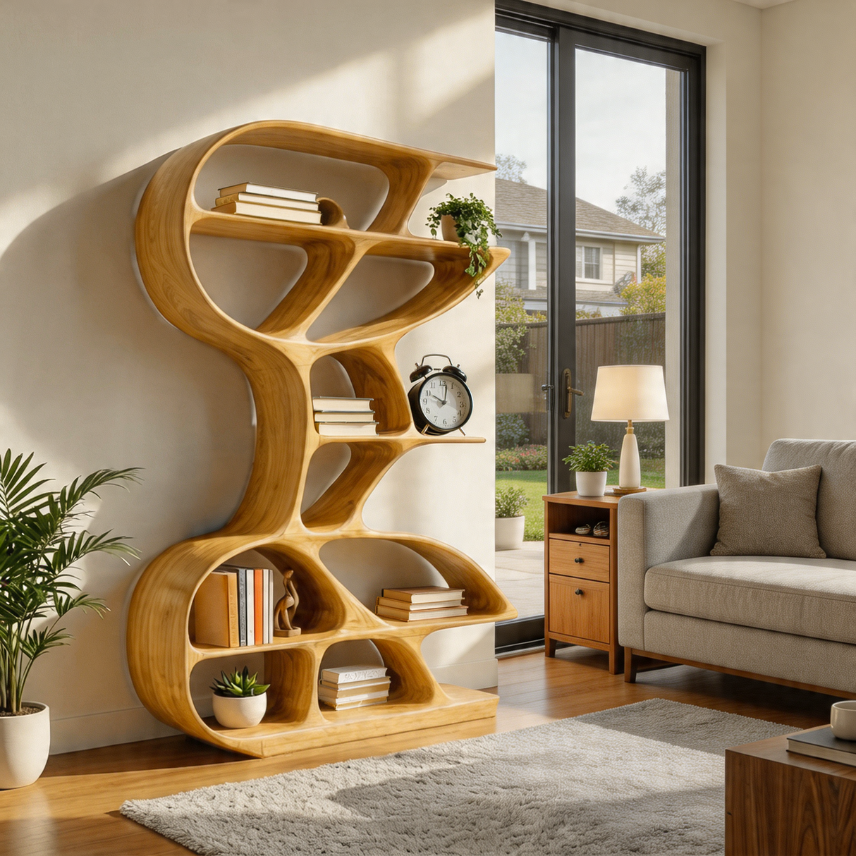 Wooden Bookshelf Unique Sculptural Design For Modern Living Room