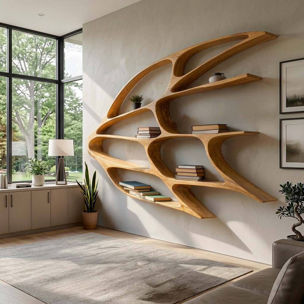 Organic Wooden Wall Mounted Bookshelf For Home Living