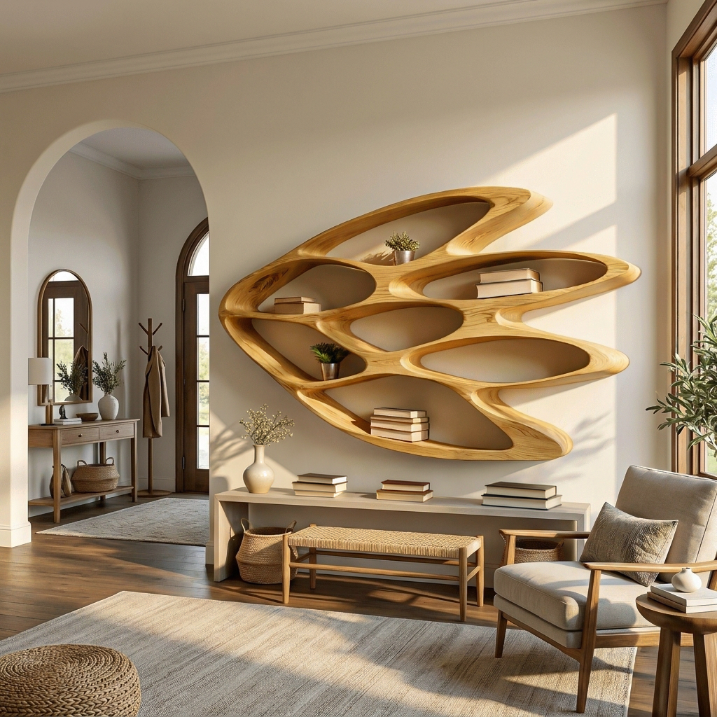 Wooden Wall Bookshelf With Unique Shape For Living Room Wall