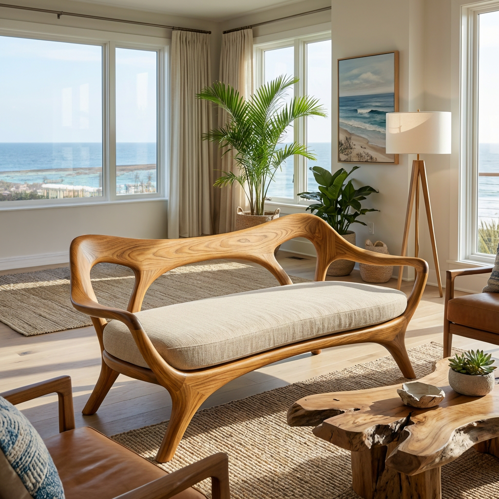 Statement Wooden Sofa With Curved Backrest For Living Decor