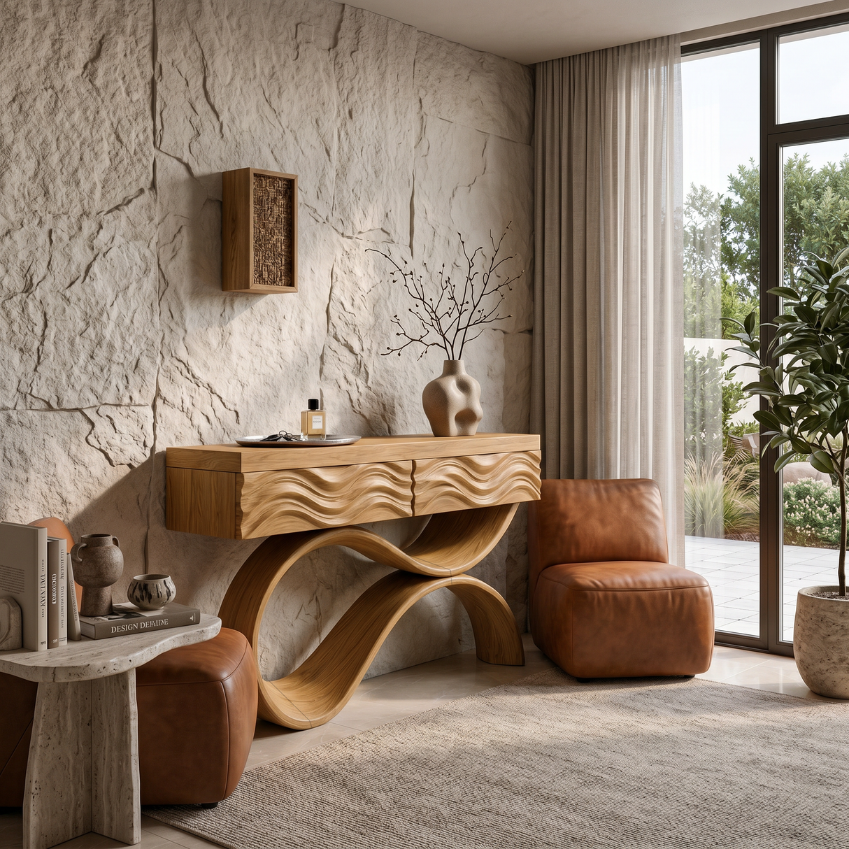 Modern Wood Console Table With Elegant Curved Base For Entryway
