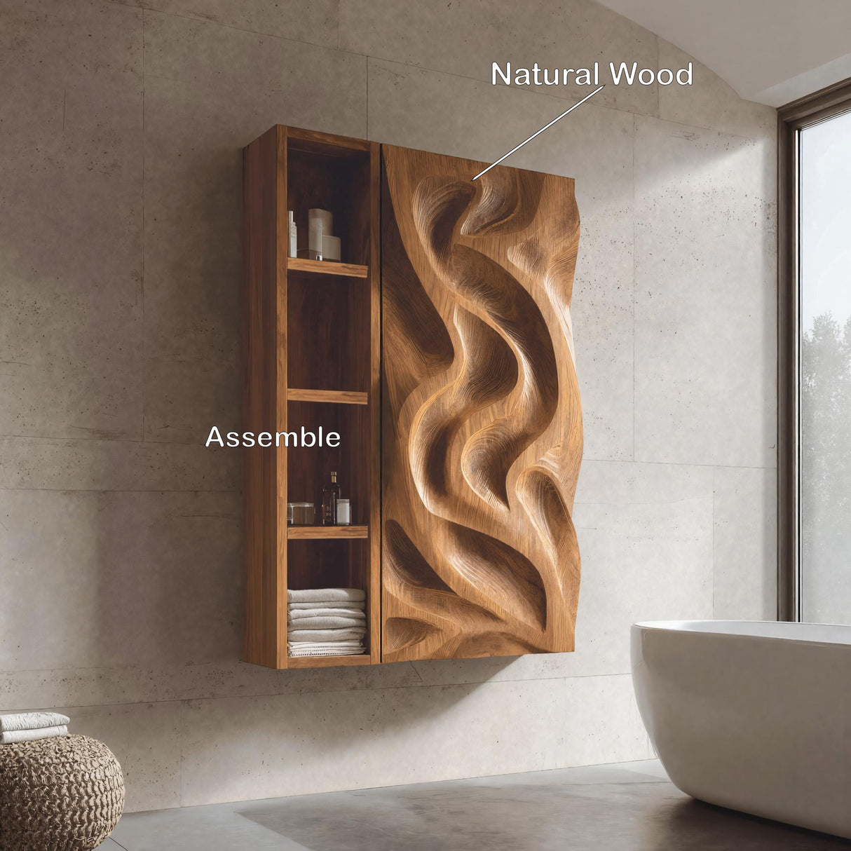 Hand-Carved Bathroom Cabinet Wave Door Design For Bathroom