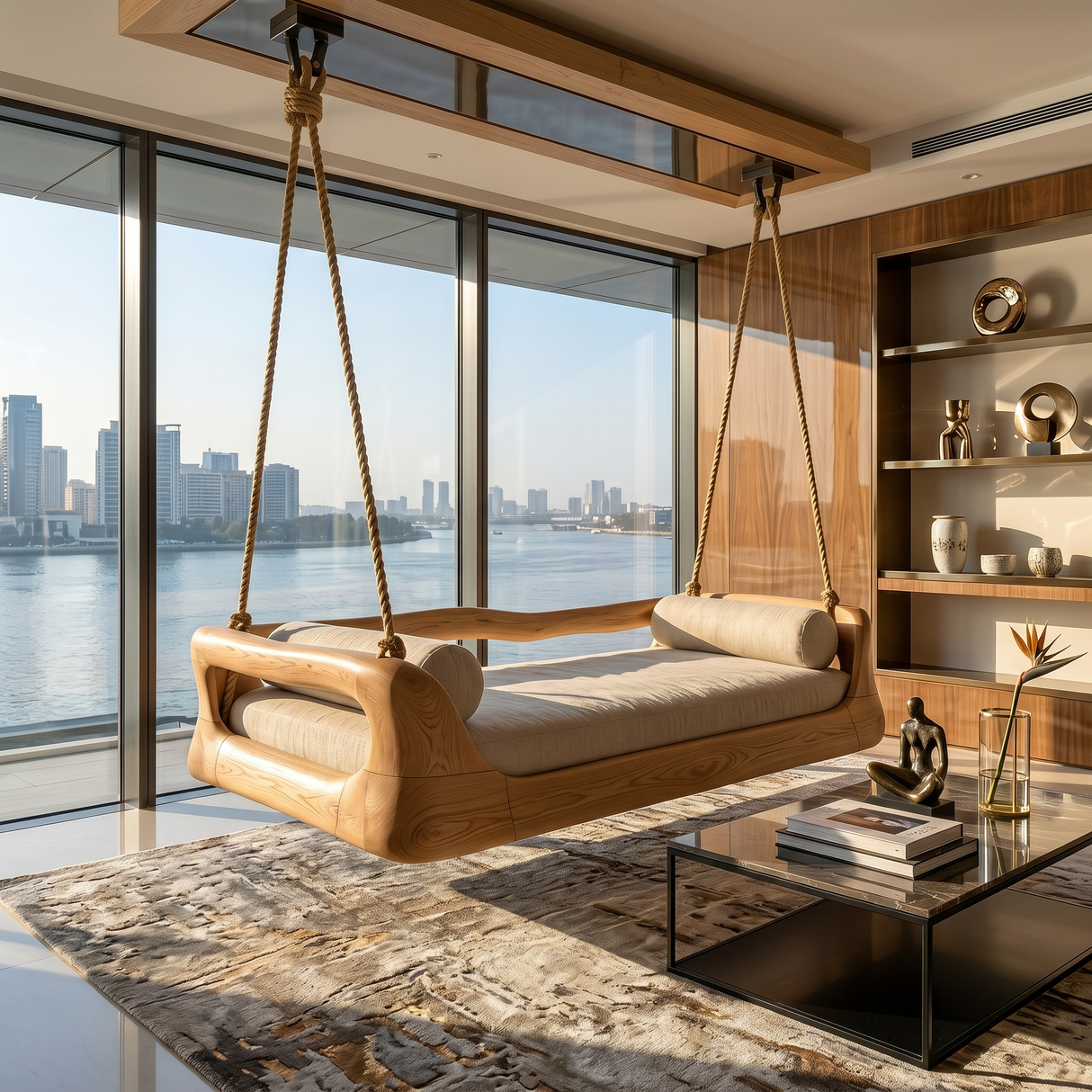 Sculptural Organic Wood Hanging Daybed Swing Penthouse Balcony
