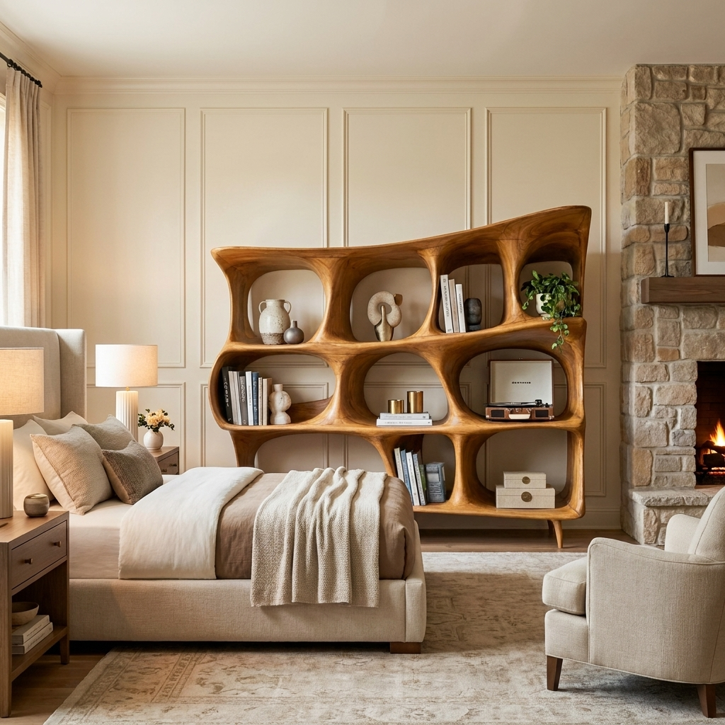 Organic Carved Bookshelf For Living Room Or Office Storage