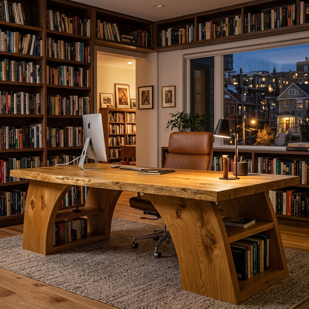 Contemporary Wooden Desk With Open Shelving For Home Office