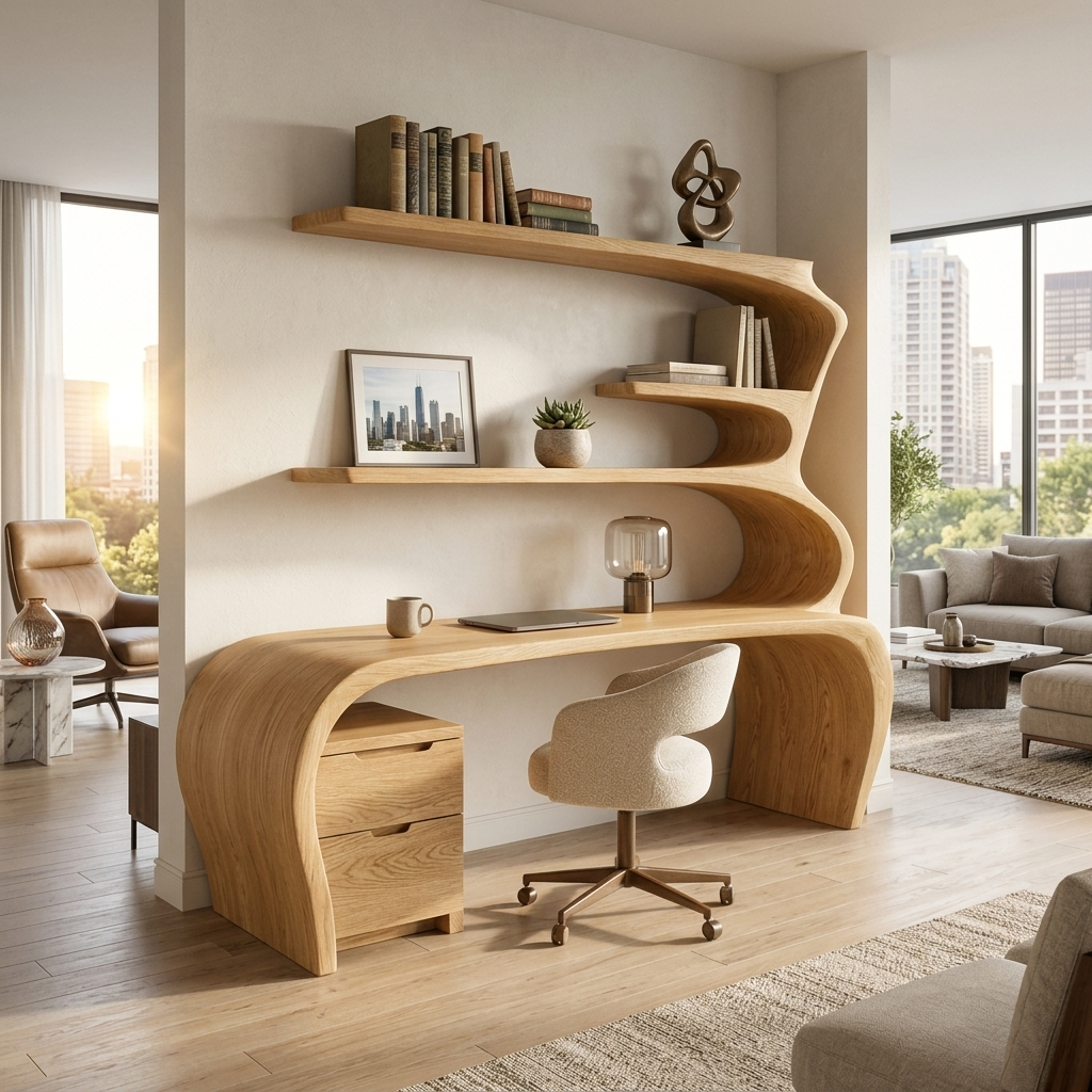 Sculptural Wooden Desk With Rounded Edges For Home Office