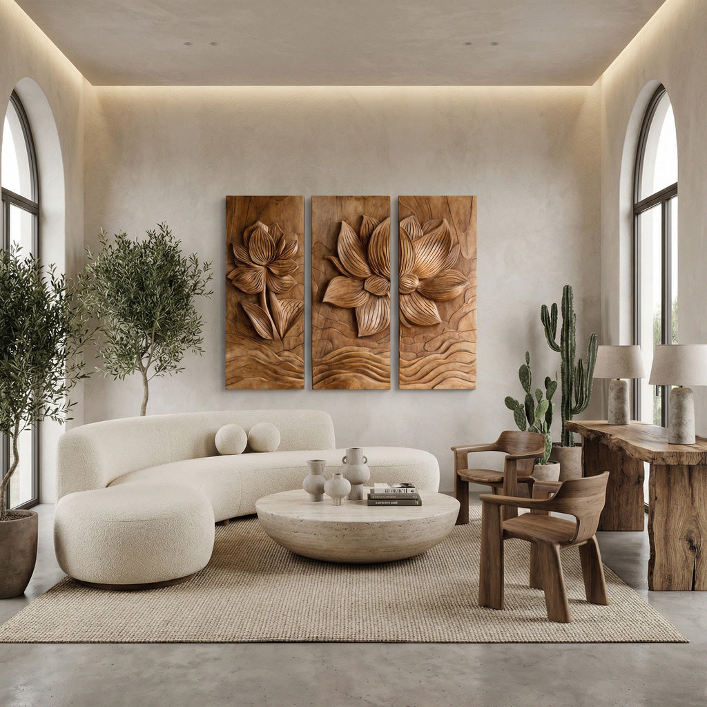 Modern Organic Lotus Wood Wall Art Set For Living Room