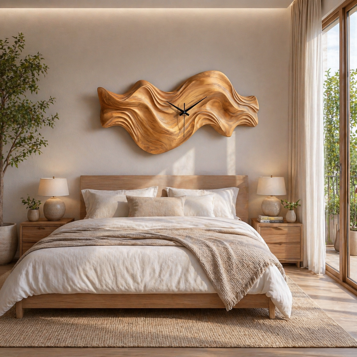 Modern Wooden Clock Organic Wave Design For Cozy Bedroom Space
