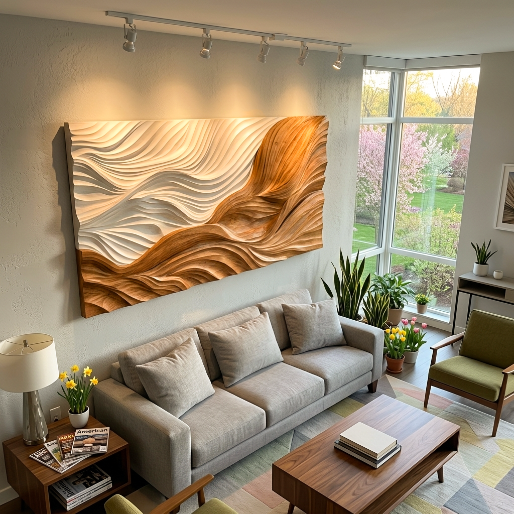 Modern Wooden Wall Art With Carved Wave For Home Decor