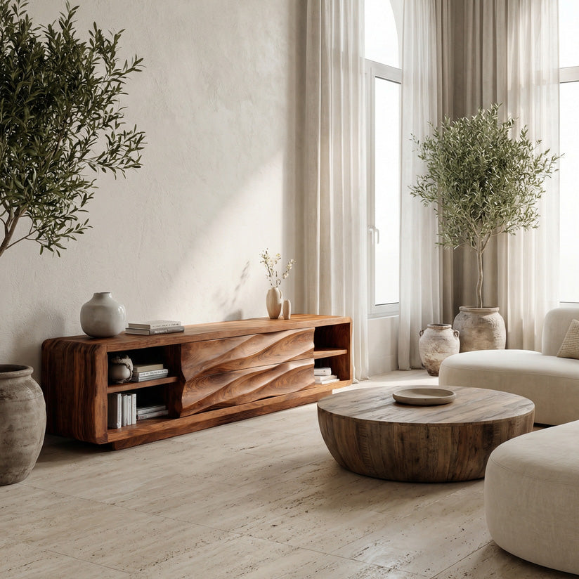 Quiet Luxury Low Sculpted Sideboard For Living Room