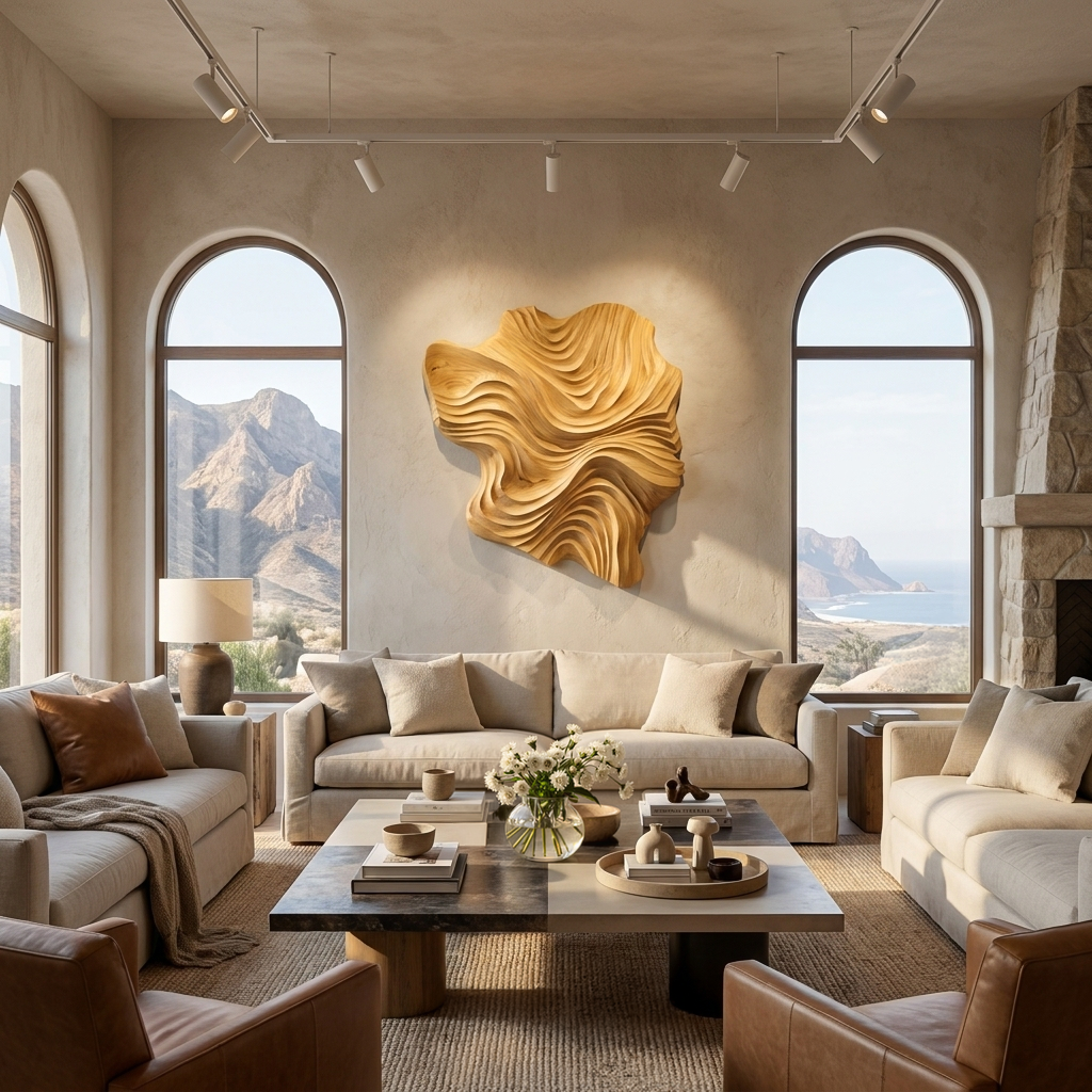 Organic Wood Wall Art Wave Design For Luxury Living Room