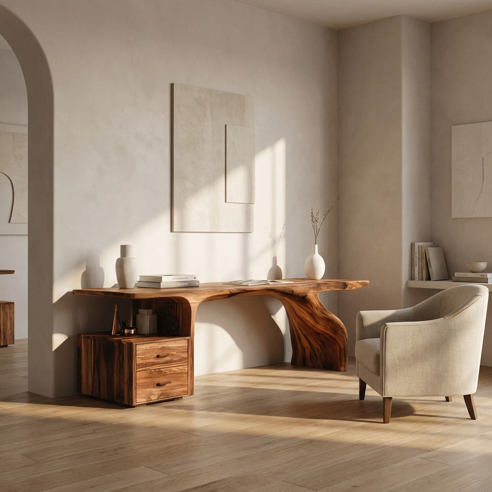 Organic Live Edge Wood Desk With Storage Drawers For Workspace