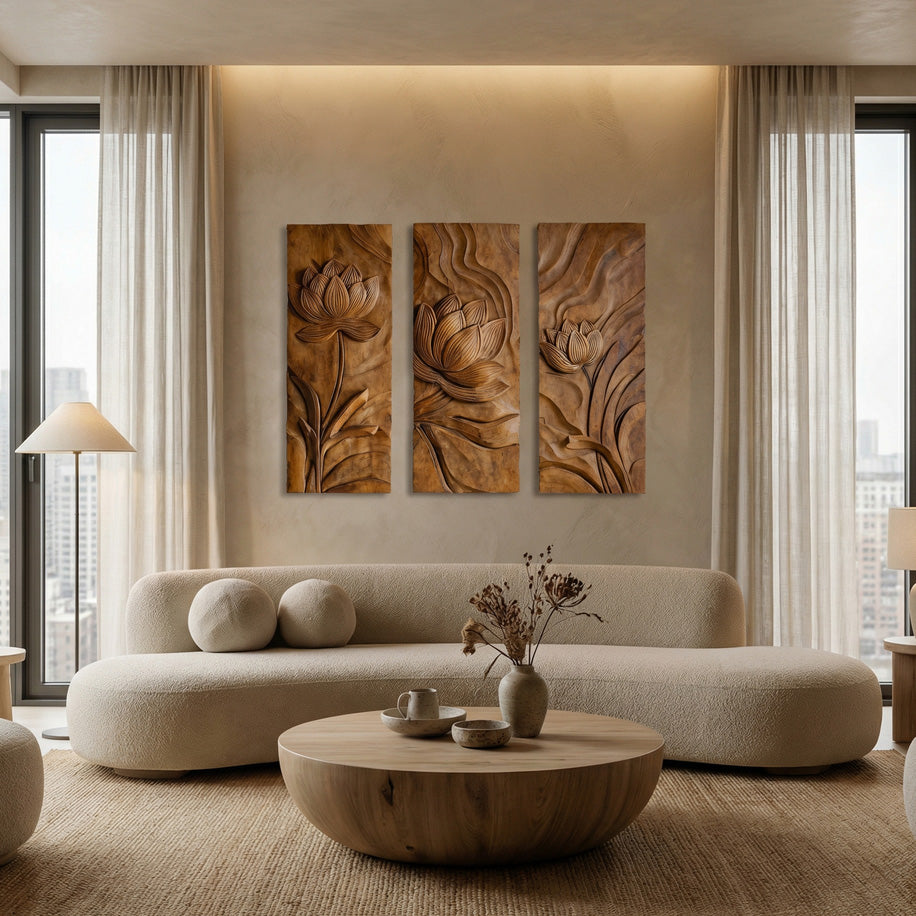 Scandinavian Minimalist Carved Wood Floral Art For Living Room