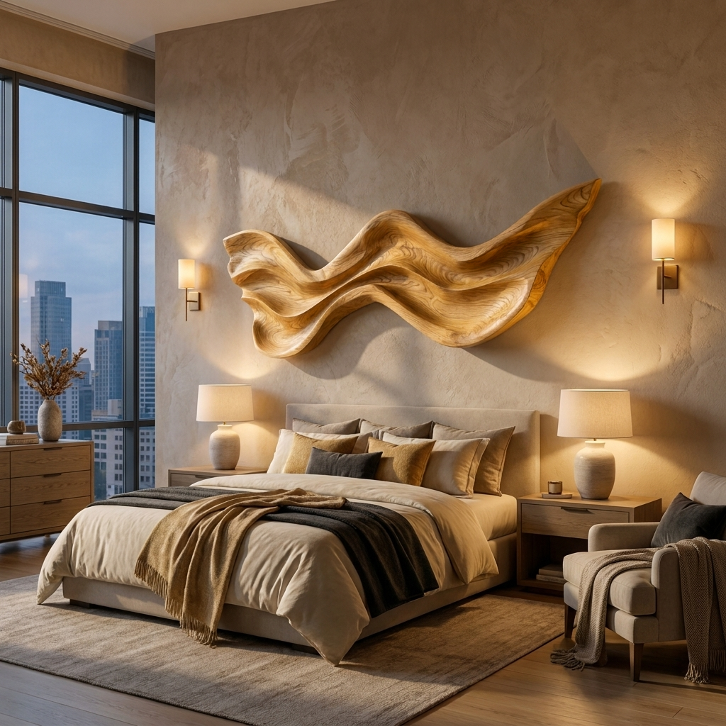 Mid Century Wooden Wall Art With Carved Wave For Living