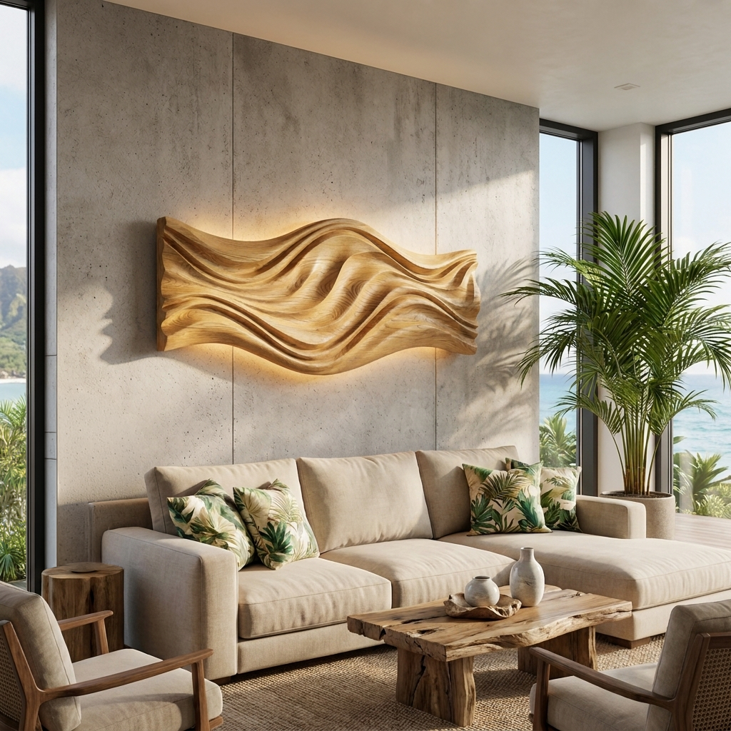 Artistic Wood Wall Art With Carved Wavy For Family Room