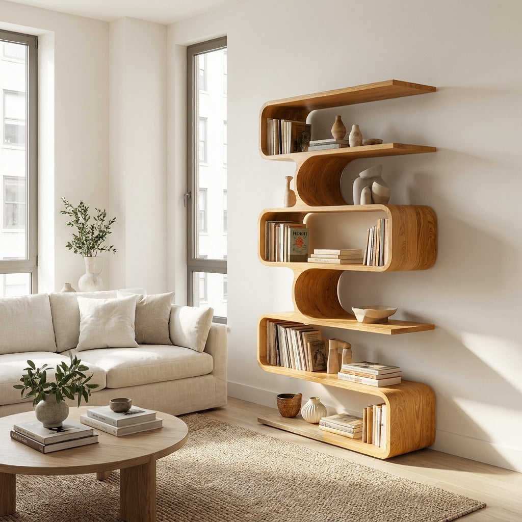 Handcrafted Wooden Bookshelf With Sculpture Edges For Living Room