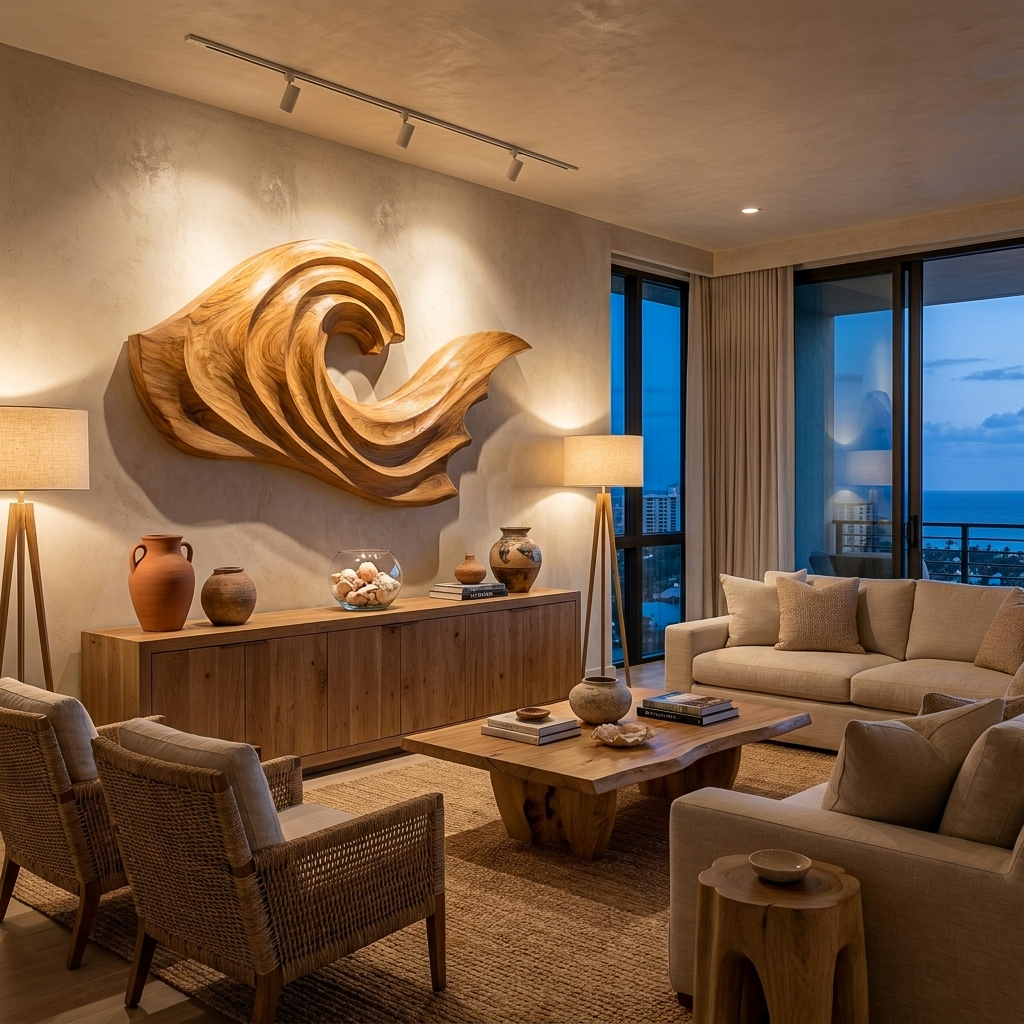 Artistic Wave Inspired Wood Wall Art For Apartment Interior