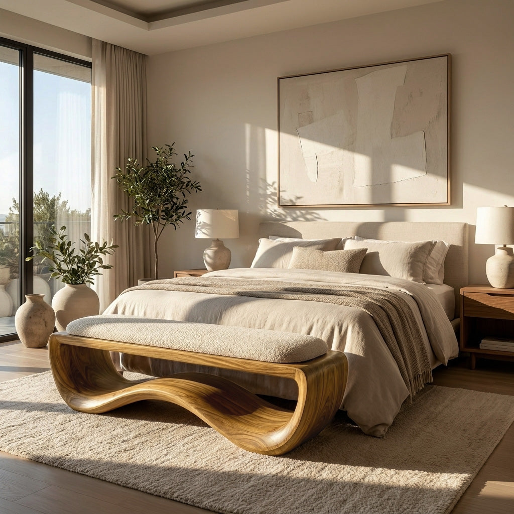 Minimalist Wood Bench With Flowing Base For Living Room Seating