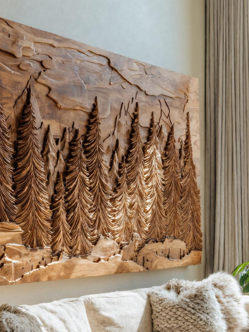 Hand Carved Wall Art With Forest Landscape For Living Room
