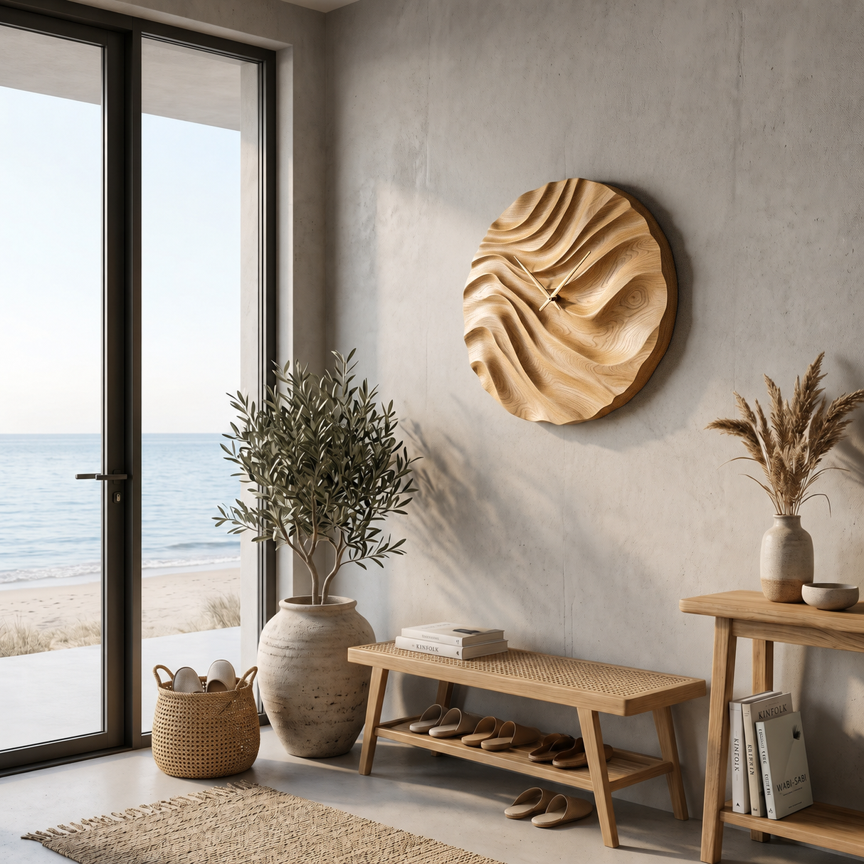 Organic Wood Wall Clock With Flowing Wave For Bedroom Interior