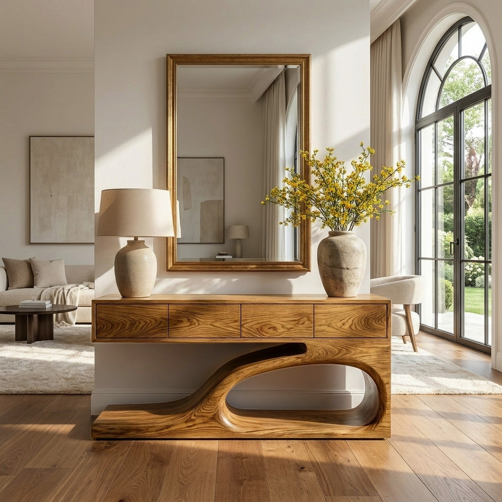 Contemporary Wooden Console Table With Unique Base For Living