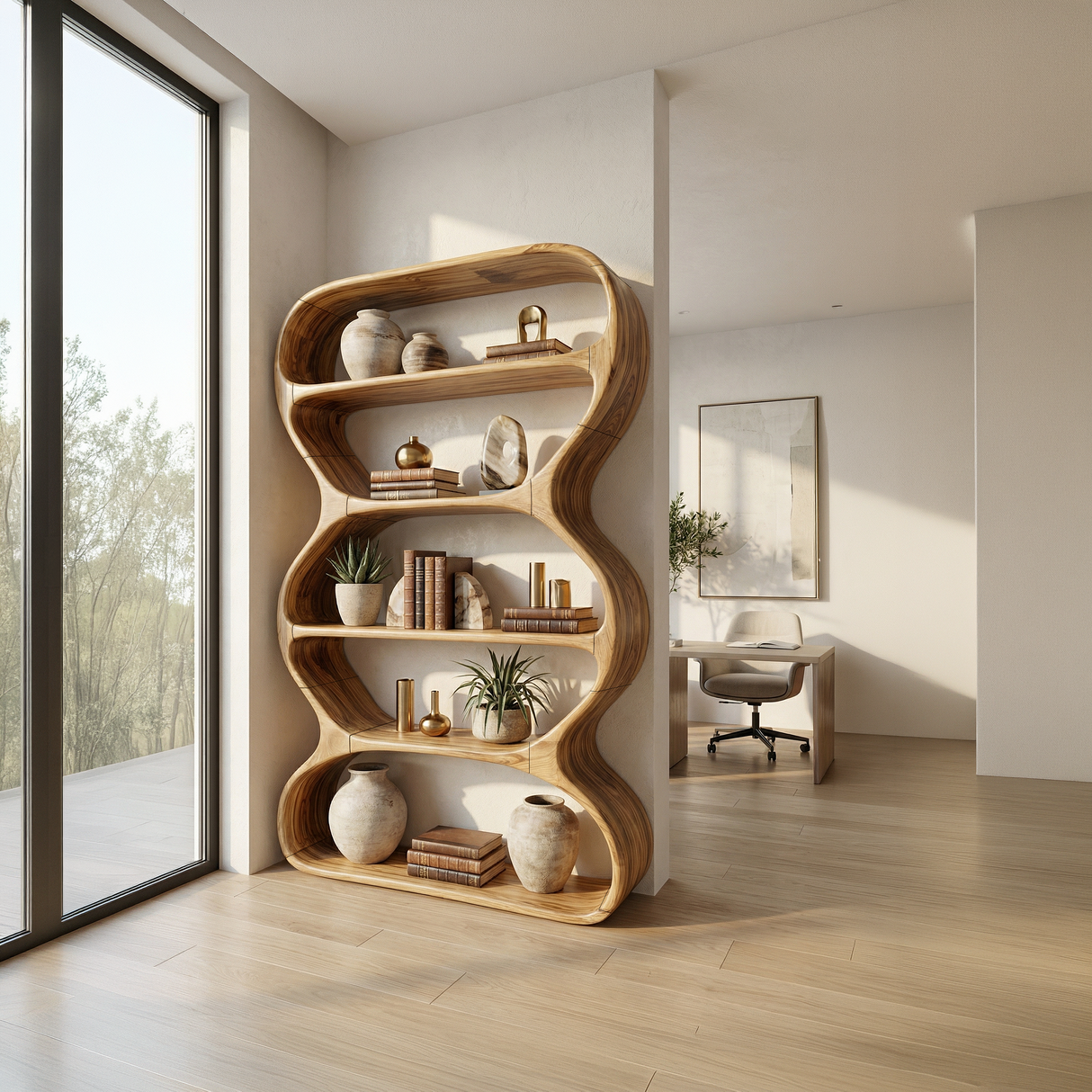 Contemporary Curved Bookshelf Living Room Display