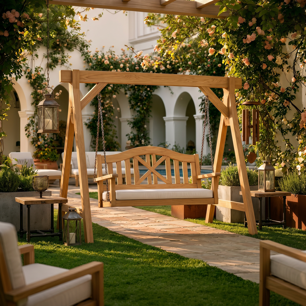 Mediterranean Wooden Swing Bench Villa Patio