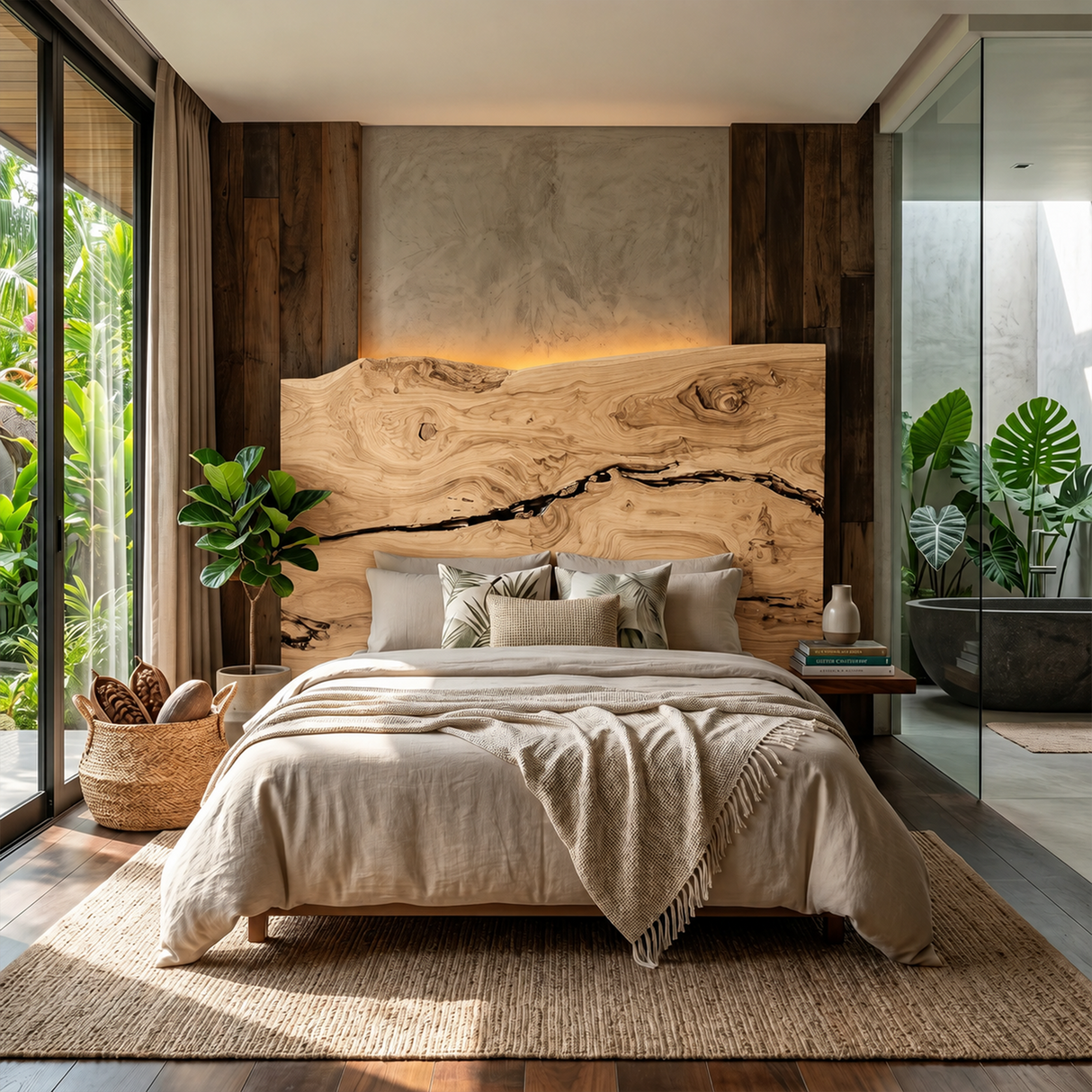 Modern Live Edge Wood Headboard For Warm Minimalist Bedroom