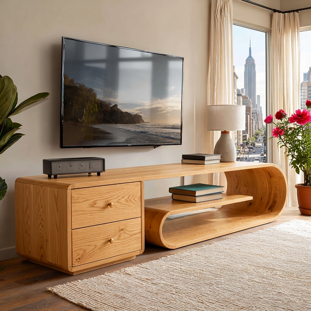 Modern TV Stand With Rounded Form For Living Room Space