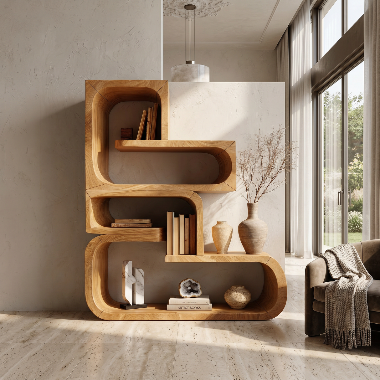 Contemporary Wave Edge Wooden Bookcase In Natural Finish