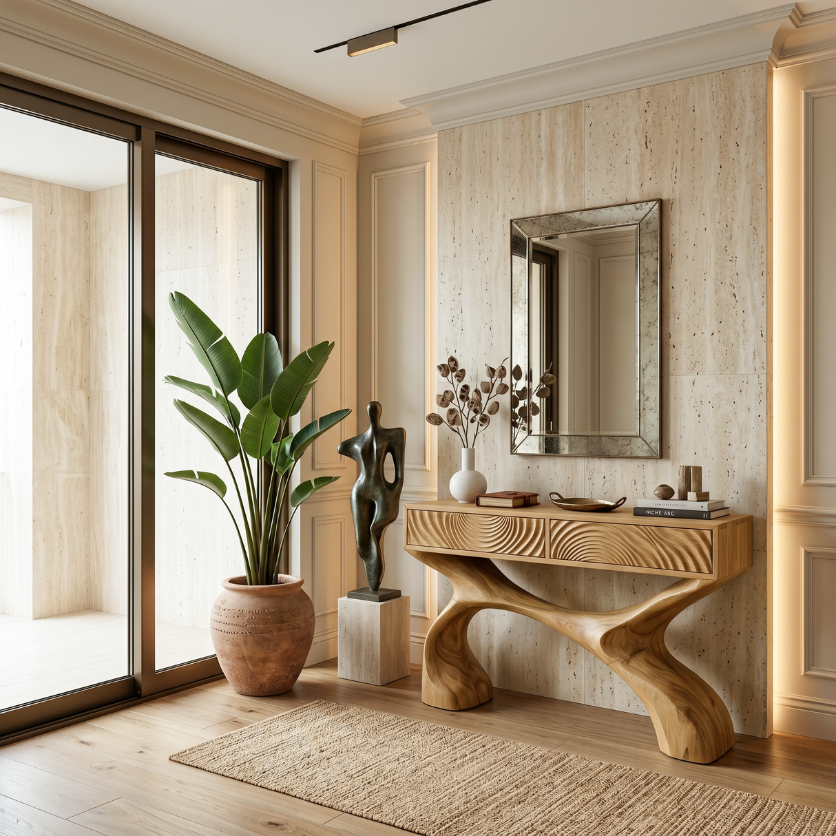 Contemporary Sculptural Wood Console Table For Hallway