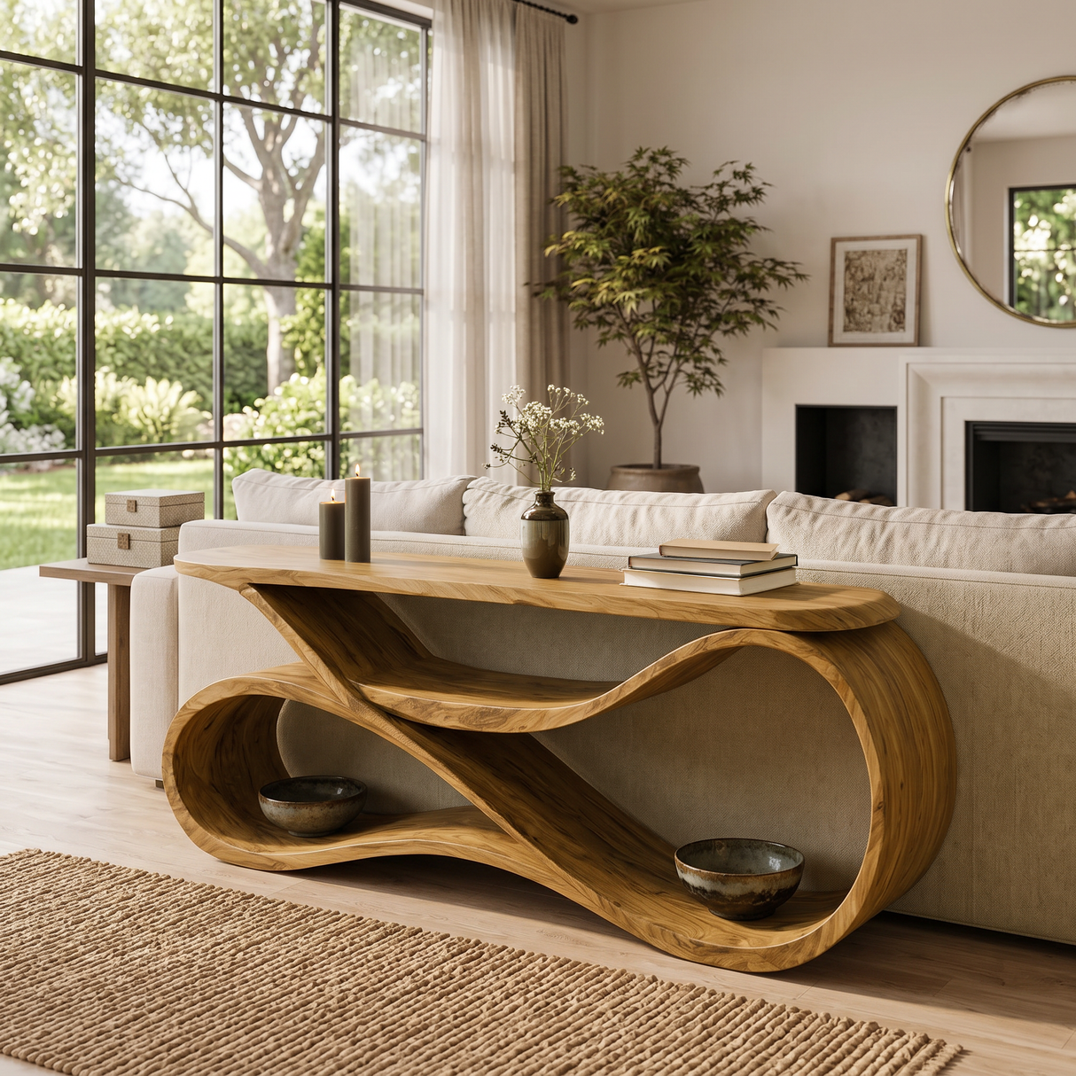 Modern Wooden Console Table Flowing Shelf Design For Living